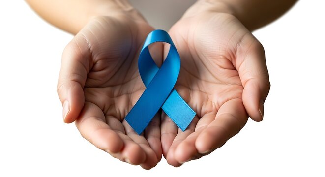 Hands Holding Blue Ribbon Symbolizing Awareness and Support for Health Causes