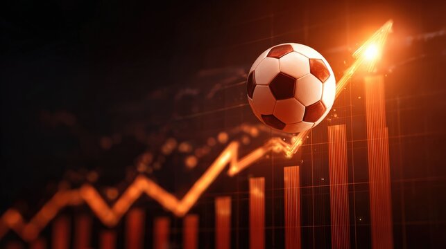 A soccer ball perched atop a rising financial graph, symbolizing the growth and success in the sports industry. ..Created with Generative AI, not depicting real subjects. - Powered by Adobe