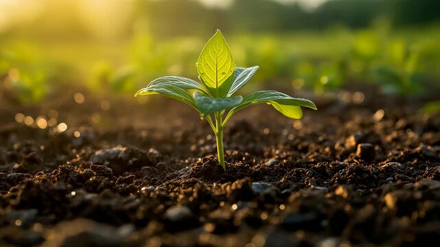 Small green seedling sprouting from rich soil in golden sunrise light on agricultural field
