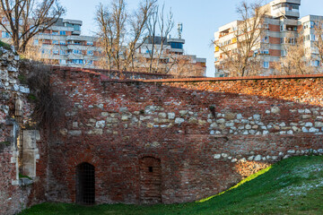 Brick walls of Oradea fortress, medieval fortification. Oradea, Romania