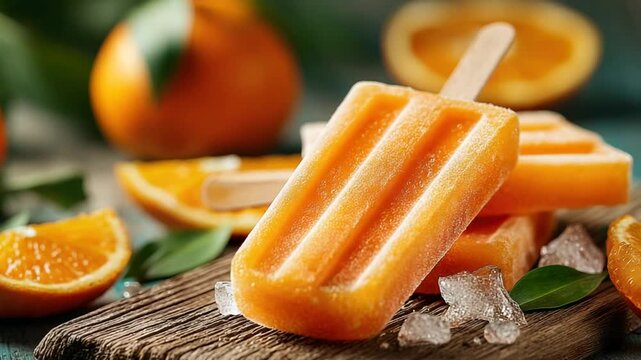 Orange popsicles on a rustic wooden board with ice and orange slices