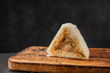 Onigiri sushi tuna stuffing Japanese food natural tasty snack fresh delicious gourmet food background on the table rustic top view copy space