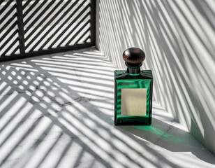 Green glass perfume bottle with blank label in striped sunlight shadows
