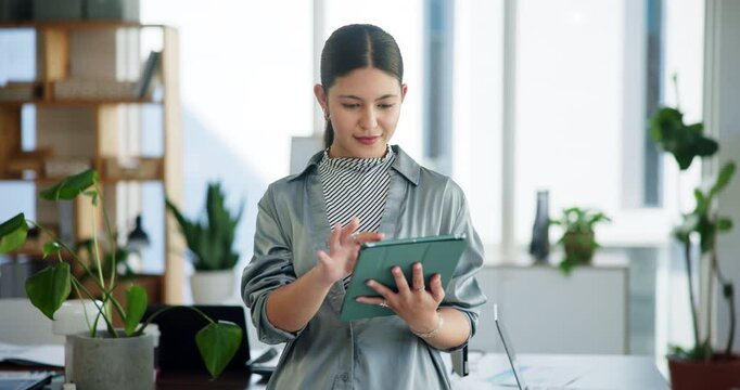 Plants, reading and tablet with business woman in green office for net zero development or research. App, planning and schedule with employee person in eco friendly workplace for sustainability