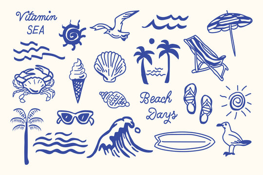 Hand-drawn beach-themed vector set with summer doodles like waves, palm trees, shells, crabs, sunglasses, and surfboards. Perfect for vacation designs, t-shirt prints, and tropical projects.