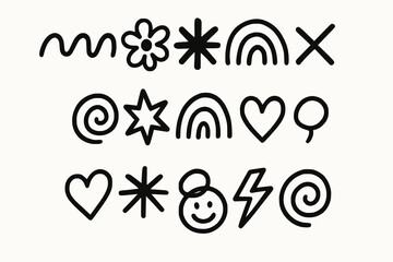 Hand-Drawn Black Symbol Grid with Hearts, Spirals, Rainbows, and Lightning on White Background