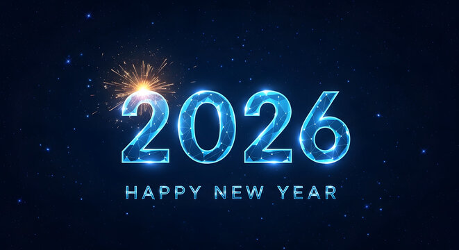 Glowing blue neon numbers 2026 with sparklers and happy new year text