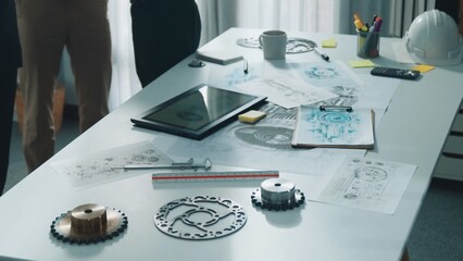 Professional engineer team in casual cloth talking about turbine engine structure at table with...