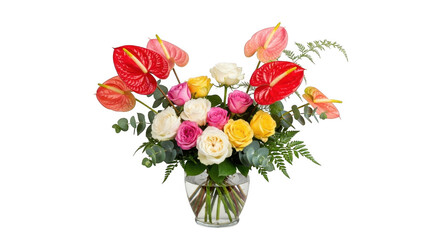 Obraz premium Vibrant mixed bouquet with roses and anthuriums in a glass vase isolated on transparent background