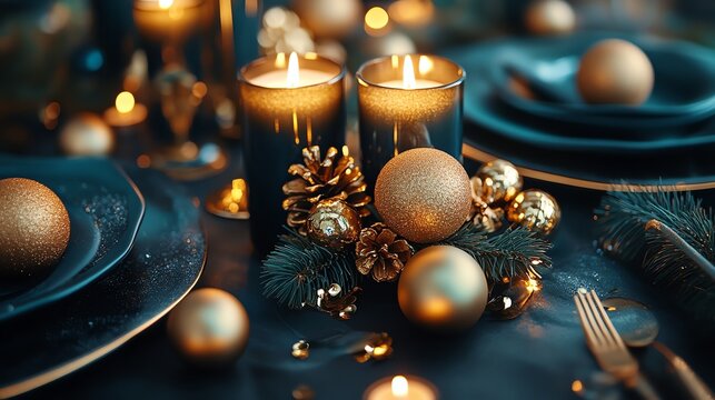 Elegant table setting with black plates, gold accents, and candles. Perfect for a luxurious dinner party or special occasion. - Powered by Adobe