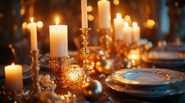 Elegant table setting with black plates, gold accents, and candles. Perfect for a luxurious dinner party or special occasion.