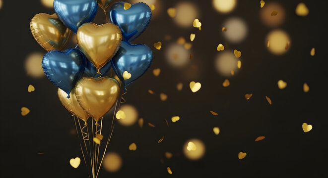 Heart shaped balloons in gold and blue float against a dark background with falling confetti