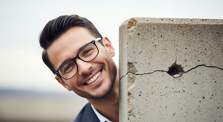 Happy man in glasses peeking from behind a cracked concrete wall