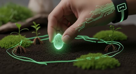 Augmented reality in agriculture shows green energy connection with plants and technology