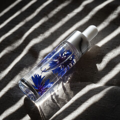 Natural cosmetic serum bottle with cornflowers in striped sunlight shadows
