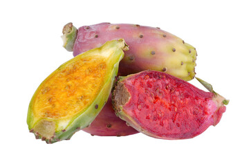 Fresh prickly pears with vibrant flesh colors, isolated on transparent background.