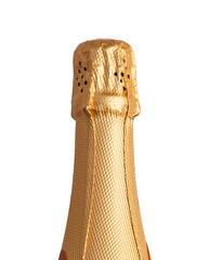 Luxurious champagne bottle neck wrapped in textured gold foil isolated on a white background