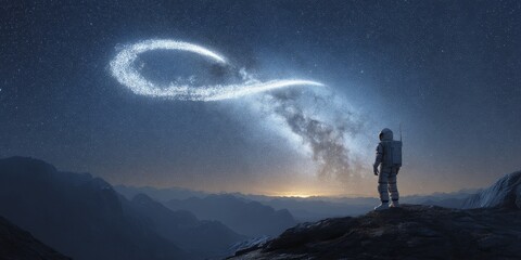 Infinity Loop in the Cosmos: An astronaut stands in awe, gazing at an ethereal infinity loop forming in the night sky, a symbol of endless possibilities, exploration, and the vast unknown. 