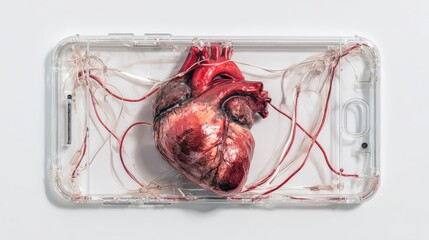 A smartphone case cradles a human heart, offering a striking visual metaphor exploring the relationship between technology and the human body. Created with Generative AI, not depicting real subjects.