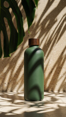 Green reusable water bottle mock-up with monstera leaf shadow
