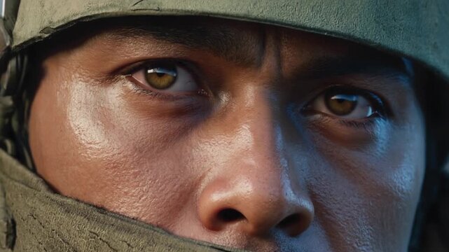 Close-up view of a soldier's gaze.