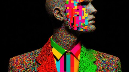 Obraz premium Vibrant Pixelated Mannequin: Colorful Digital Art Blending Futurism and Abstract Expressionism