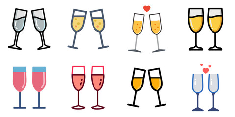 champagne glasses flat icons set. isolated on white background. Vector illustration.