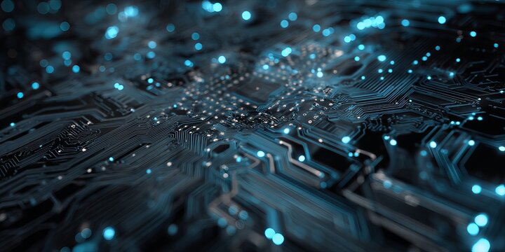 Circuit Board's Technological Web: A close-up view unveils the intricate pathways and connections of a modern circuit board, illuminated with vibrant blue light.