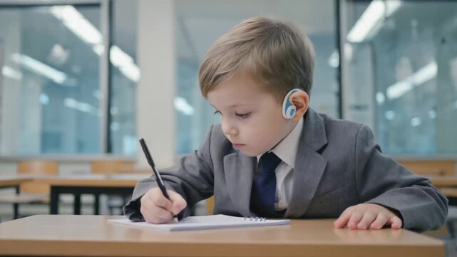 Child student with hearing aid.