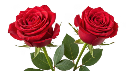 Two vibrant red roses with green leaves and water drops isolated on transparent background