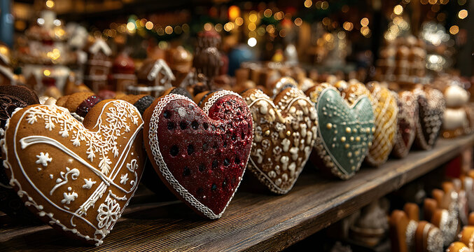 Lebkuchenherze in einer Reihe auf Weihnachtsmarkt