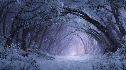 Enchanting winter woodland with frosted arched canopy in serene snowfall