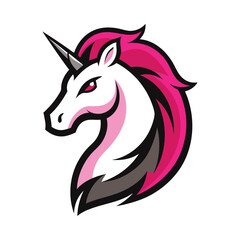 Striking unicorn mascot logo with bright pink hair fantasy character Vector illustration