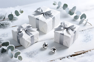 Elegant white Christmas presents with silver ribbons and jingle bells in snow
