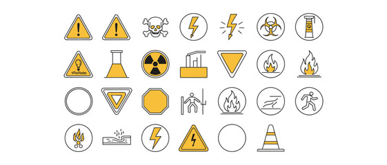 Collection of hazard warning symbols indicating various dangers and safety precautions