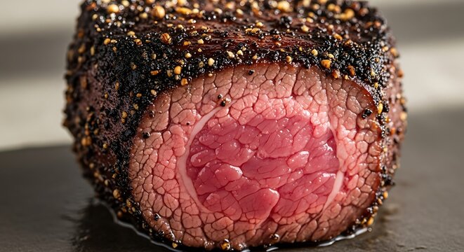 01_Close-up of a mini-tenderloin cut showing pink interior and pepper crust.