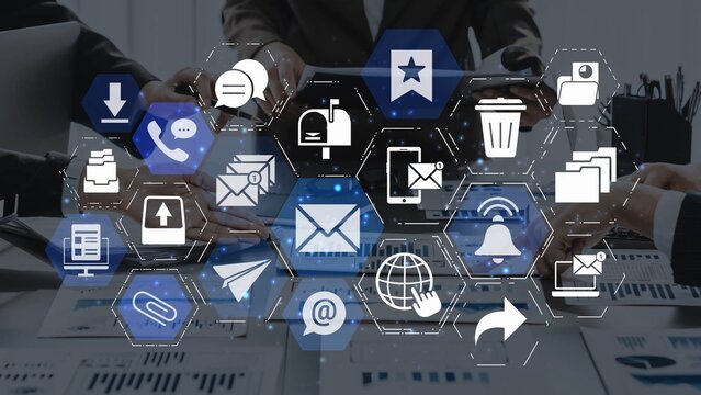 Email icons show digital communication, email service, and inbox management. Email supports online messaging, email notification, and secure exchange. Funnel