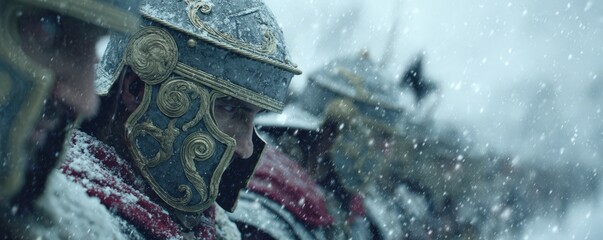 Close up of roman soldiers in helmets during winter battle