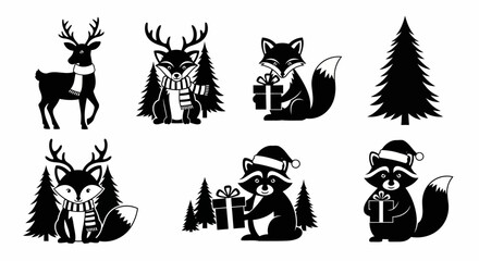 Collection of silhouettes of winter animals with trees and gifts