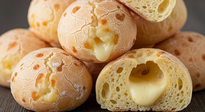 01_Close-up of Chipa de Queijo (cheese bread) stacked. Focus on rustic firm texture.