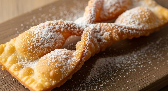 01_Close-up of Cueca Virada (fried pastry) dusted with sugar. Focus on crisp sweet texture.