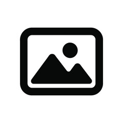 Black and white icon displaying mountains, sun or moon in a frame