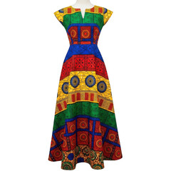 Colorful african print maxi dress with geometric patterns and short sleeves isolated on transparent background