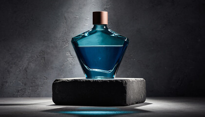 Luxury blue glass perfume or cologne bottle with a copper cap on a dark stone podium with dramatic spotlight against a textured concrete background
