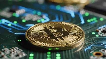 Bitcoin cryptocurrency digital currency on a circuit board representing financial technology and investment - Powered by Adobe