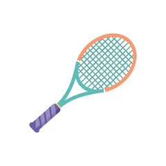 A tennis racket with a turquoise frame and orange rim, purple grip