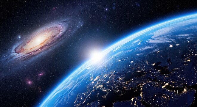 Earth and galaxy in deep space, sunrise over the planet with city lights visible, cosmic landscape with stars and nebulae, science and astronomy concept