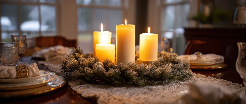 Elegant dining table with candle centerpiece in cozy southeastern ambiance