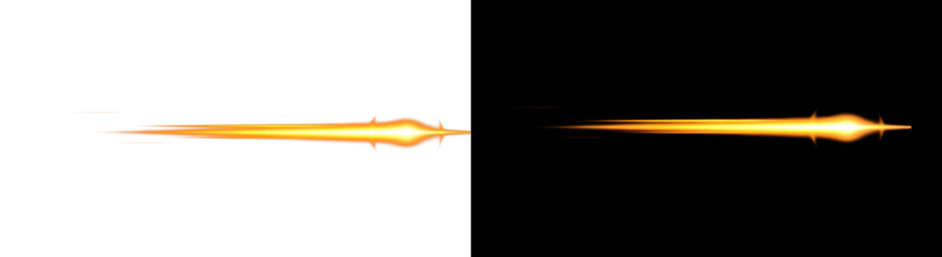 A set of dynamic anime-style energy beams or laser blasts, one isolated on a white background and another glowing with a lens flare effect on a black background for visual effects