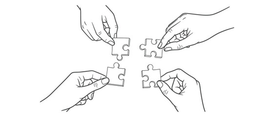 Fototapeta premium Hands assembling jigsaw puzzle pieces representing teamwork and problem solving concept